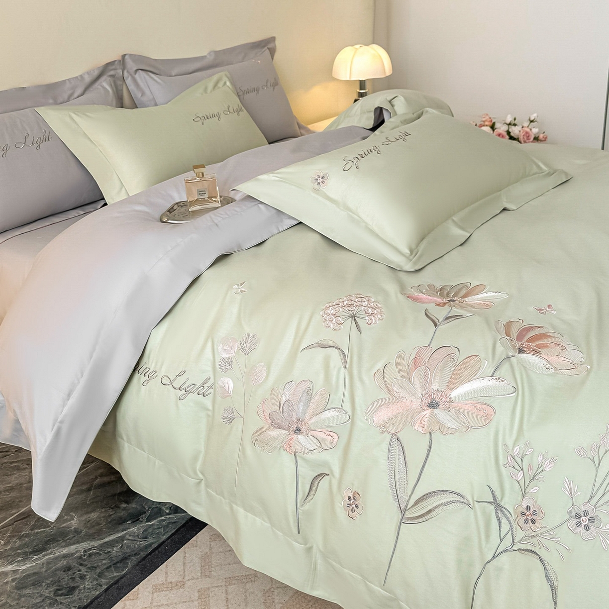 91家纺网 家纺一手货源 找家纺 博之洋婚庆 2025新款纯棉全棉长绒棉刺绣绣花高端礼盒四件套-花之语系列 豆绿