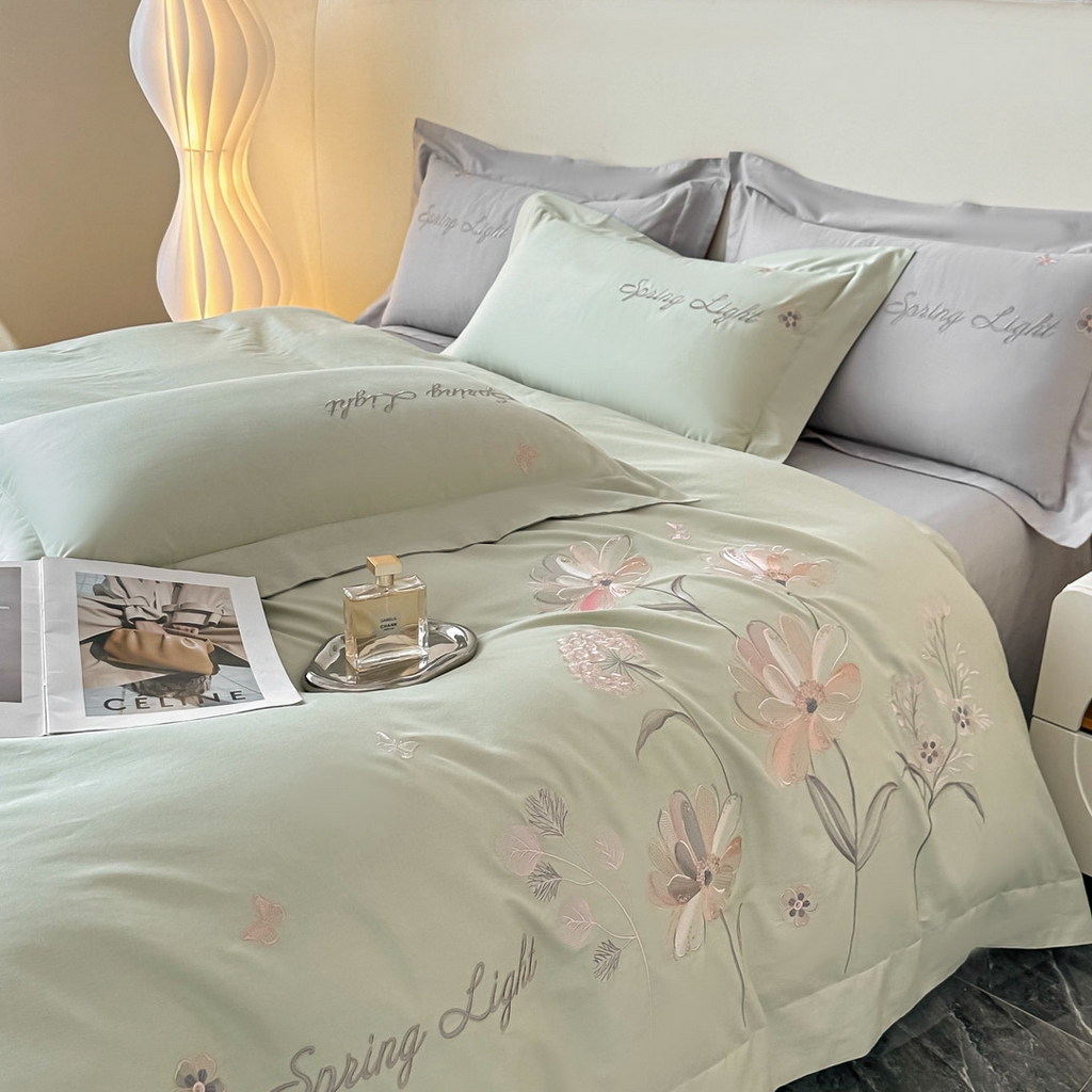 91家纺网 家纺一手货源 找家纺 博之洋婚庆 2025新款纯棉全棉长绒棉刺绣绣花高端礼盒四件套-花之语系列 豆绿