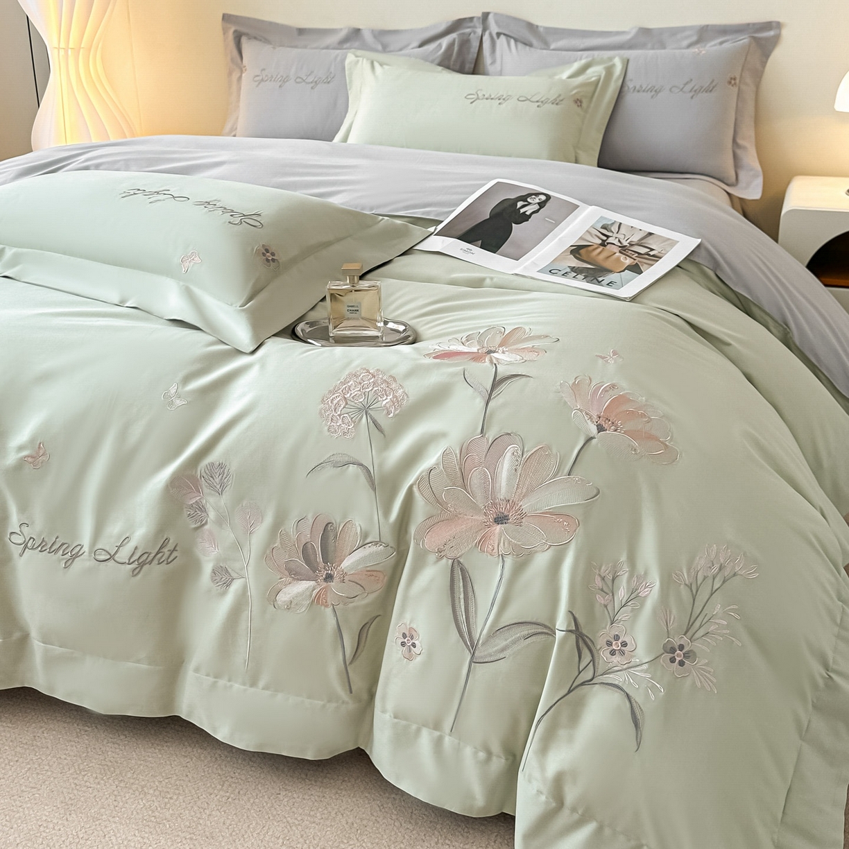 91家纺网 家纺一手货源 找家纺 博之洋婚庆 2025新款纯棉全棉长绒棉刺绣绣花高端礼盒四件套-花之语系列 豆绿