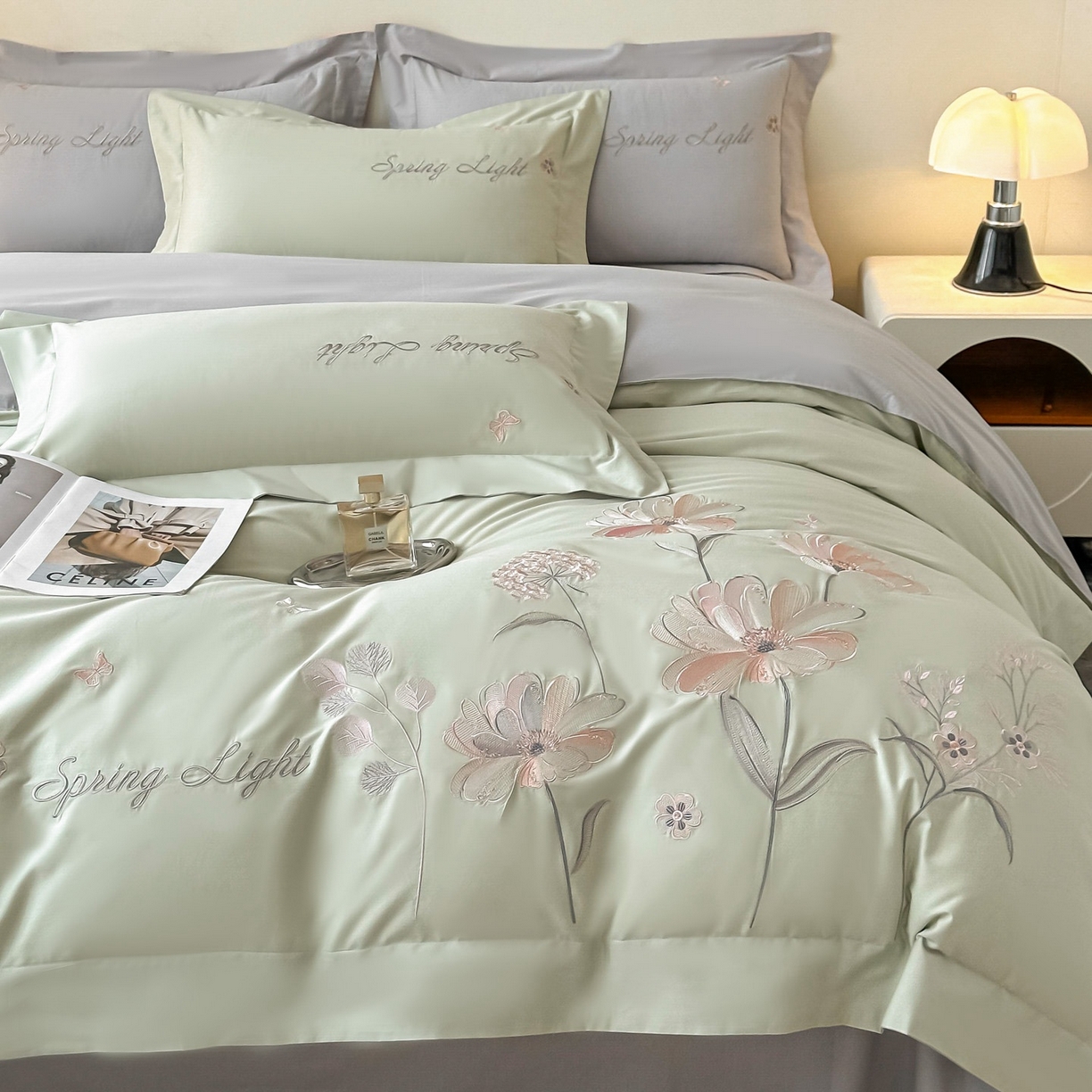 91家纺网 家纺一手货源 找家纺 博之洋婚庆 2025新款纯棉全棉长绒棉刺绣绣花高端礼盒四件套-花之语系列 豆绿