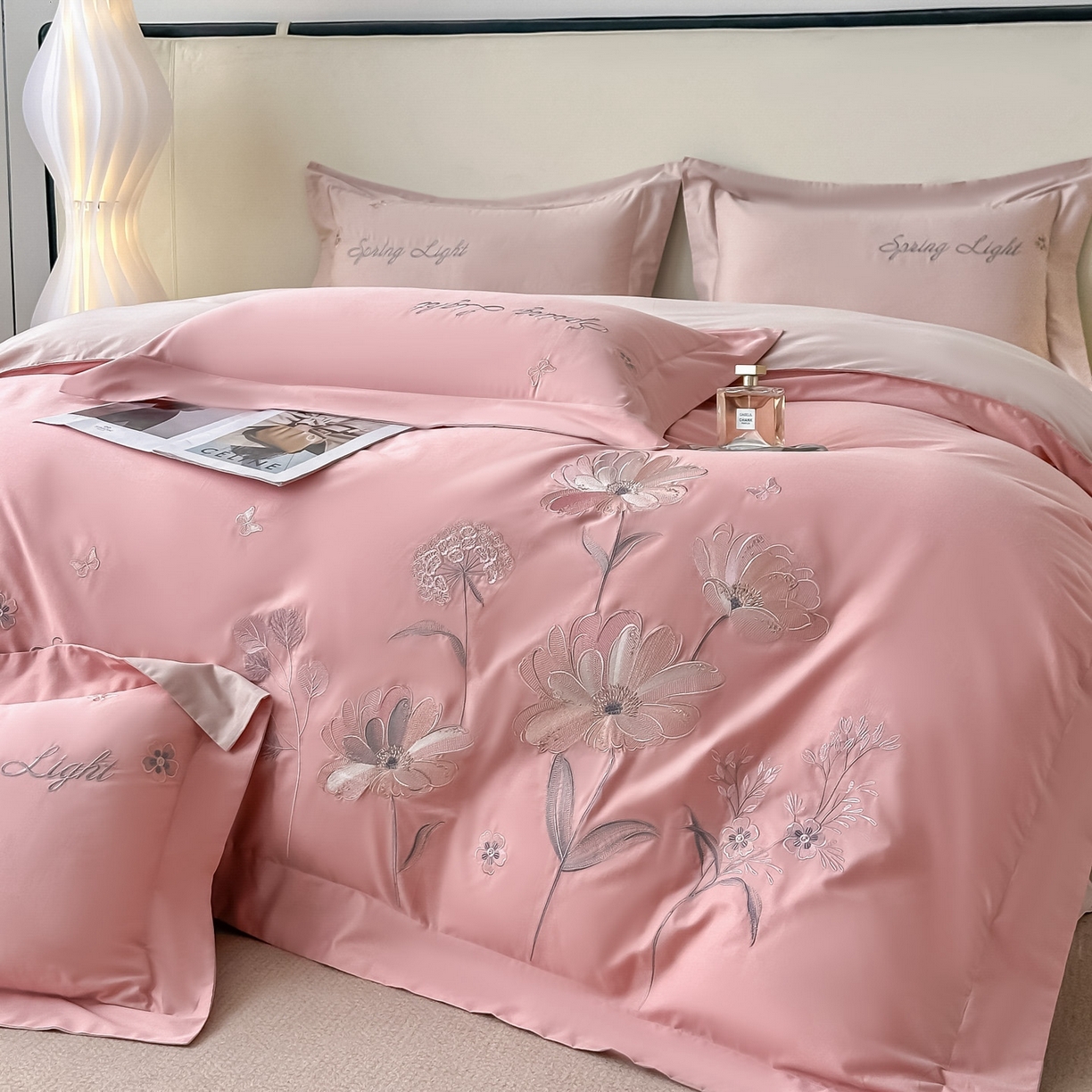 91家纺网 家纺一手货源 找家纺 博之洋婚庆 2025新款纯棉全棉长绒棉刺绣绣花高端礼盒四件套-花之语系列 豆沙