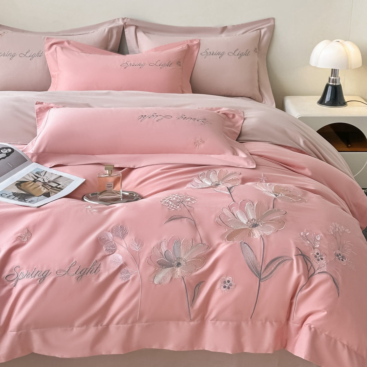 91家纺网 家纺一手货源 找家纺 博之洋婚庆 2025新款纯棉全棉长绒棉刺绣绣花高端礼盒四件套-花之语系列 豆沙