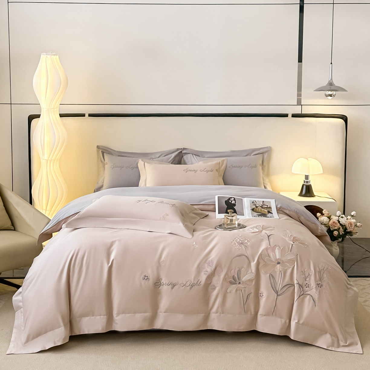 博之洋婚庆 2025新款纯棉全棉长绒棉刺绣绣花高端礼盒四件套-花之语系列 粉灰