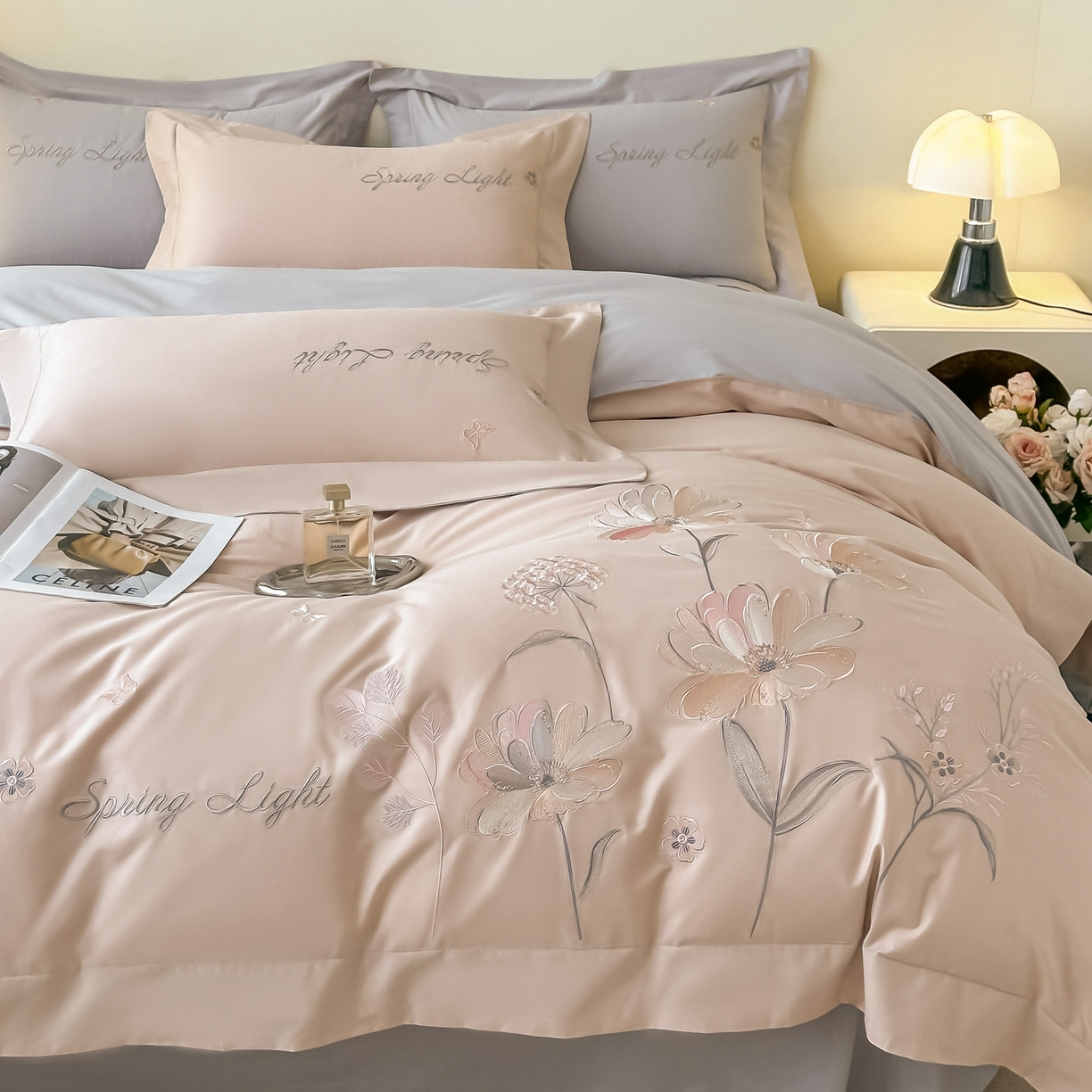 91家纺网 家纺一手货源 找家纺 博之洋婚庆 2025新款纯棉全棉长绒棉刺绣绣花高端礼盒四件套-花之语系列 粉灰