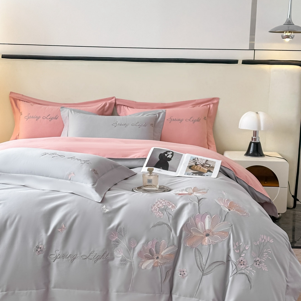 91家纺网 家纺一手货源 找家纺 博之洋婚庆 2025新款纯棉全棉长绒棉刺绣绣花高端礼盒四件套-花之语系列 高级灰