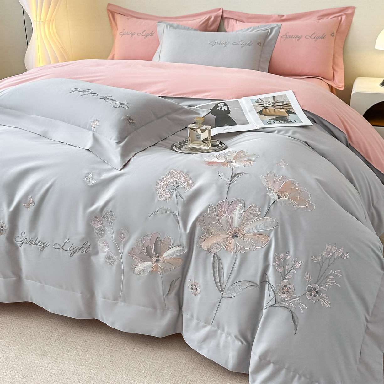 91家纺网 家纺一手货源 找家纺 博之洋婚庆 2025新款纯棉全棉长绒棉刺绣绣花高端礼盒四件套-花之语系列 高级灰