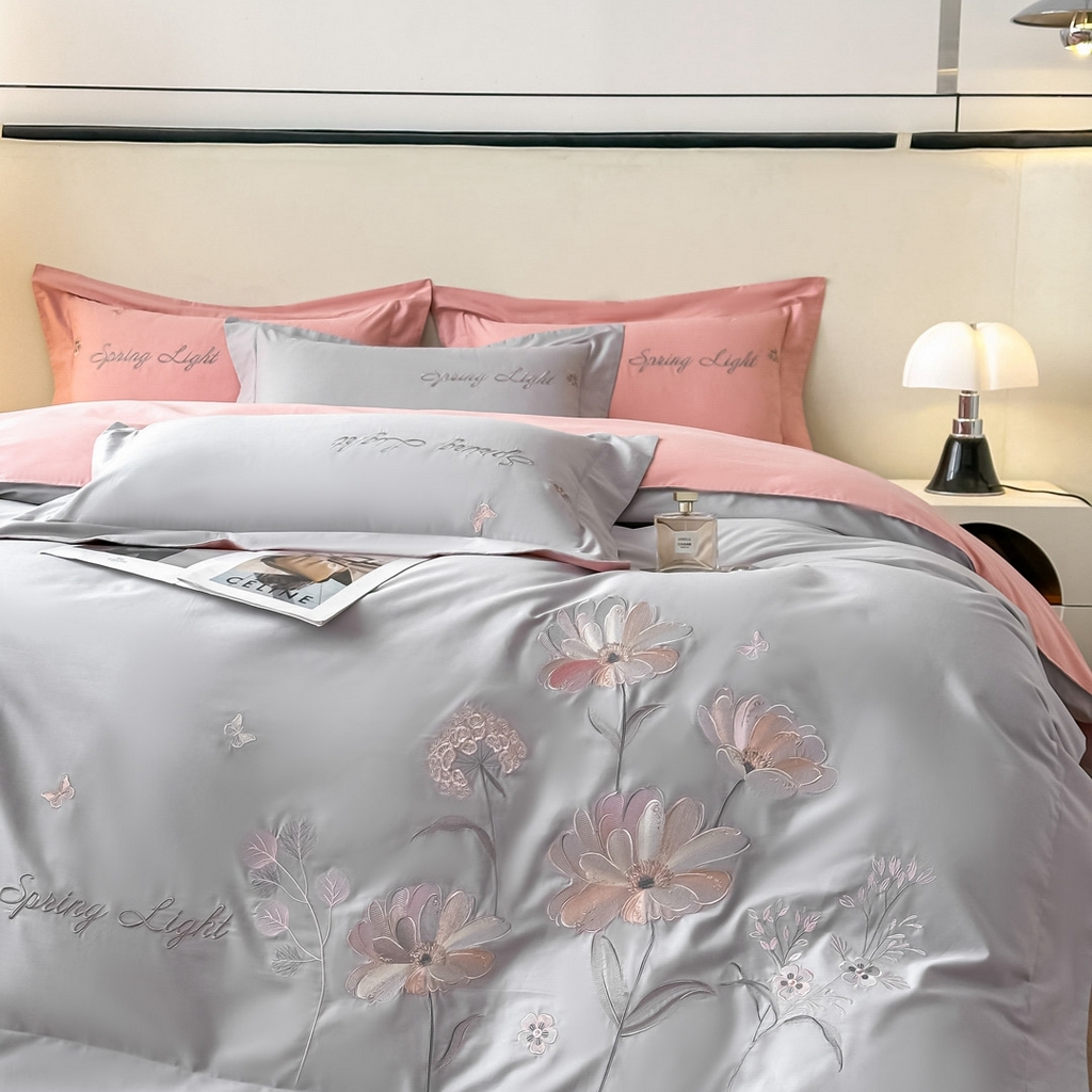 91家纺网 家纺一手货源 找家纺 博之洋婚庆 2025新款纯棉全棉长绒棉刺绣绣花高端礼盒四件套-花之语系列 高级灰