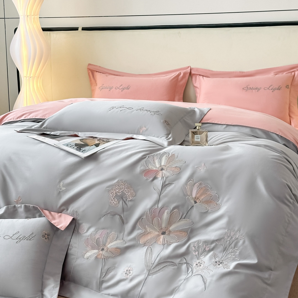 91家纺网 家纺一手货源 找家纺 博之洋婚庆 2025新款纯棉全棉长绒棉刺绣绣花高端礼盒四件套-花之语系列 高级灰