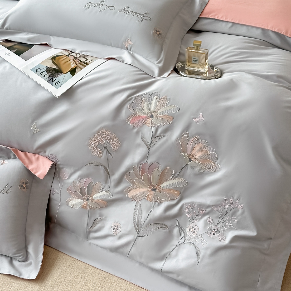 91家纺网 家纺一手货源 找家纺 博之洋婚庆 2025新款纯棉全棉长绒棉刺绣绣花高端礼盒四件套-花之语系列 高级灰