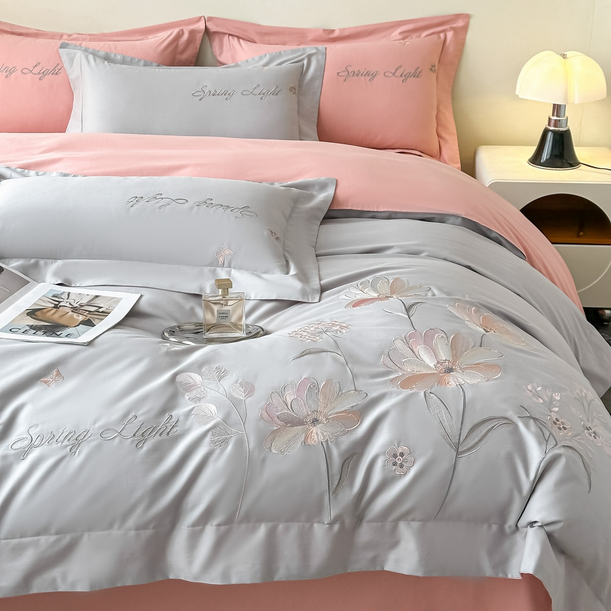 91家纺网 家纺一手货源 找家纺 博之洋婚庆 2025新款纯棉全棉长绒棉刺绣绣花高端礼盒四件套-花之语系列 高级灰