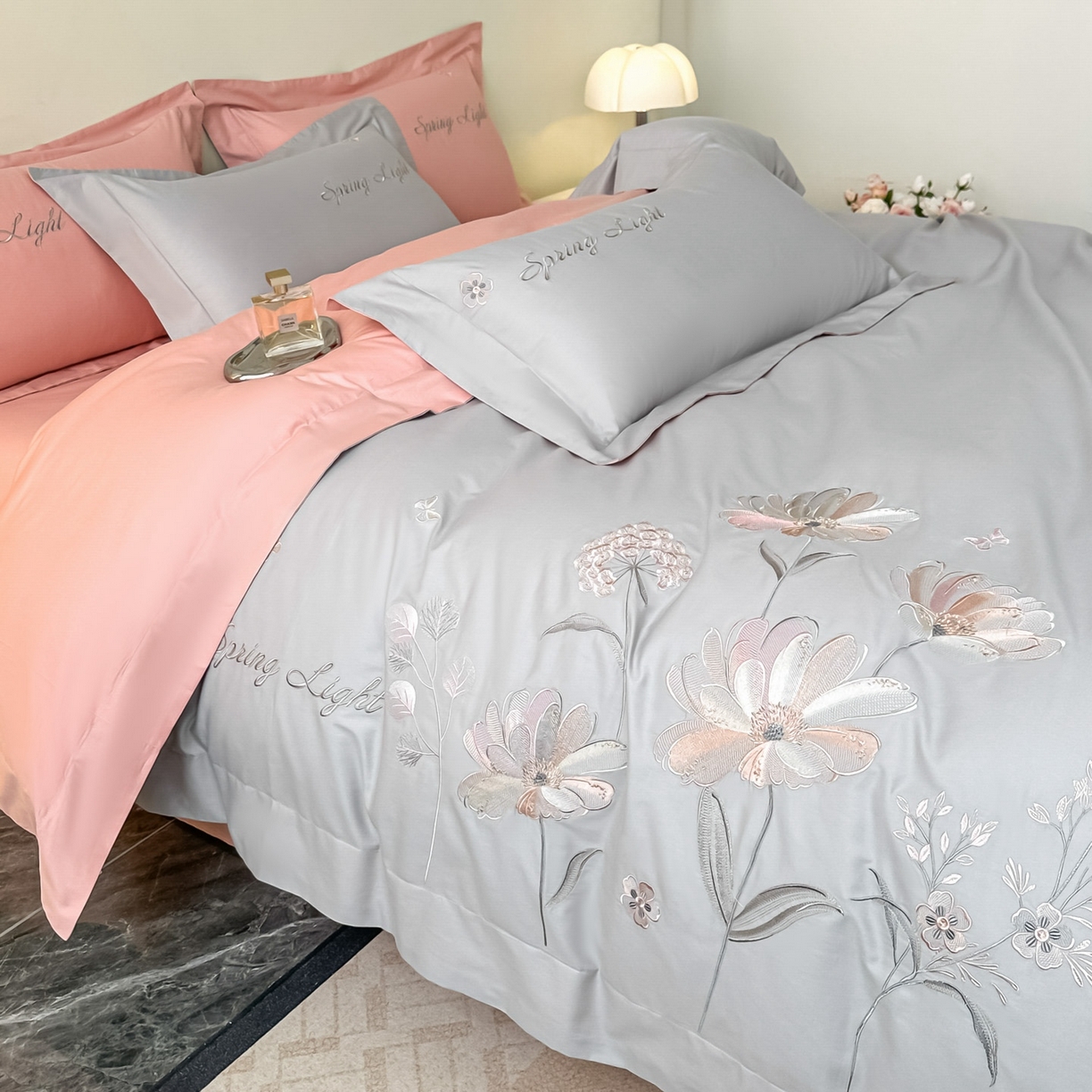 91家纺网 家纺一手货源 找家纺 博之洋婚庆 2025新款纯棉全棉长绒棉刺绣绣花高端礼盒四件套-花之语系列 高级灰