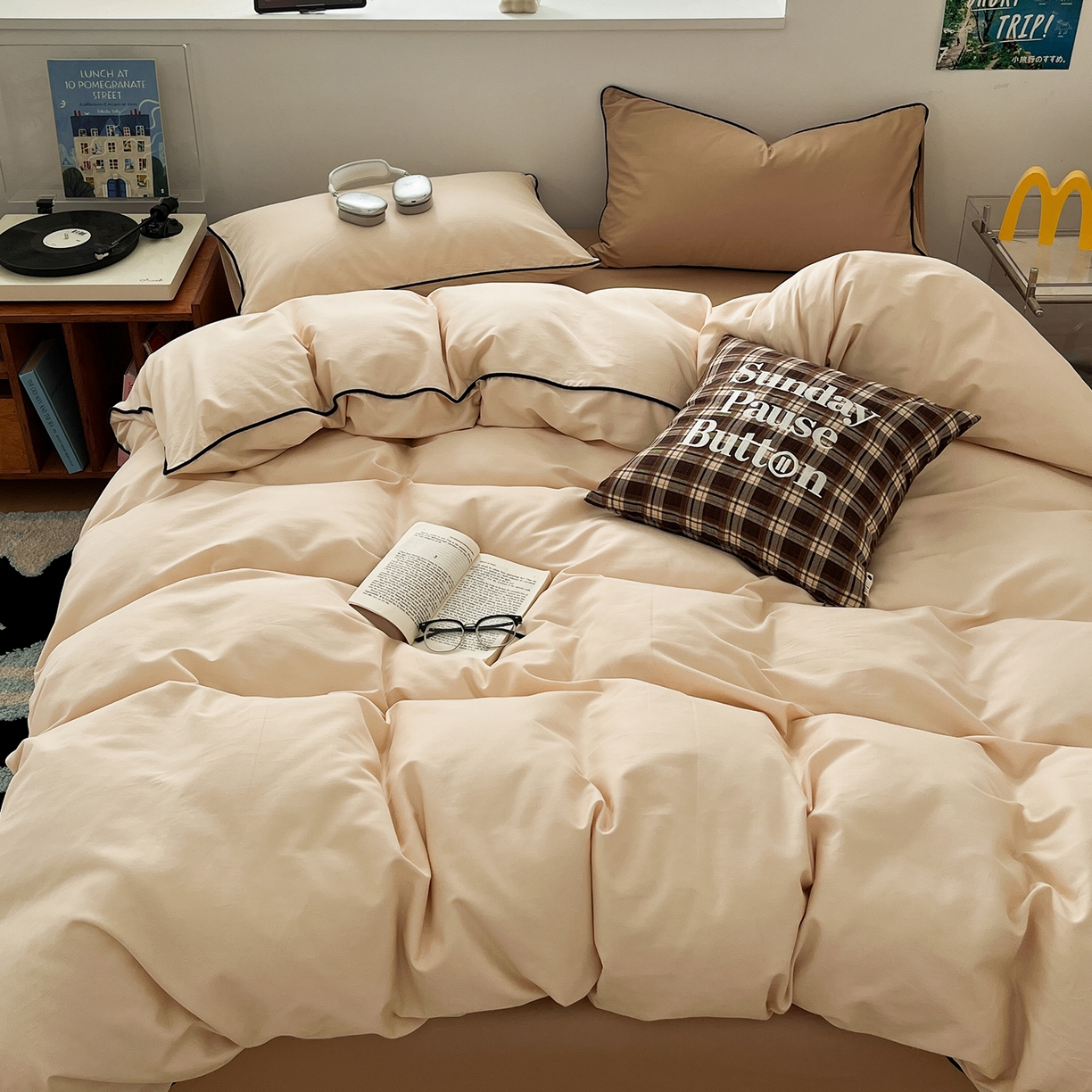 三朵家纺 2025新款50支加厚全棉纯棉磨毛混搭四件套-美拉德系列 茶咖色