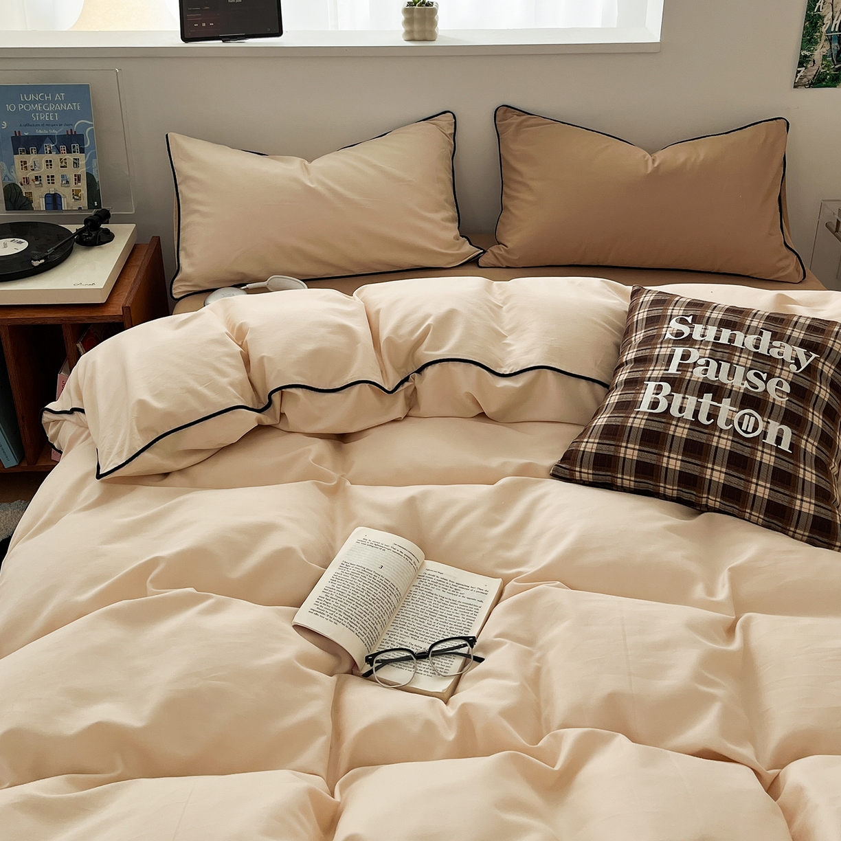 91家纺网 家纺一手货源 找家纺 三朵家纺 2025新款50支加厚全棉纯棉磨毛混搭四件套-美拉德系列 茶咖色