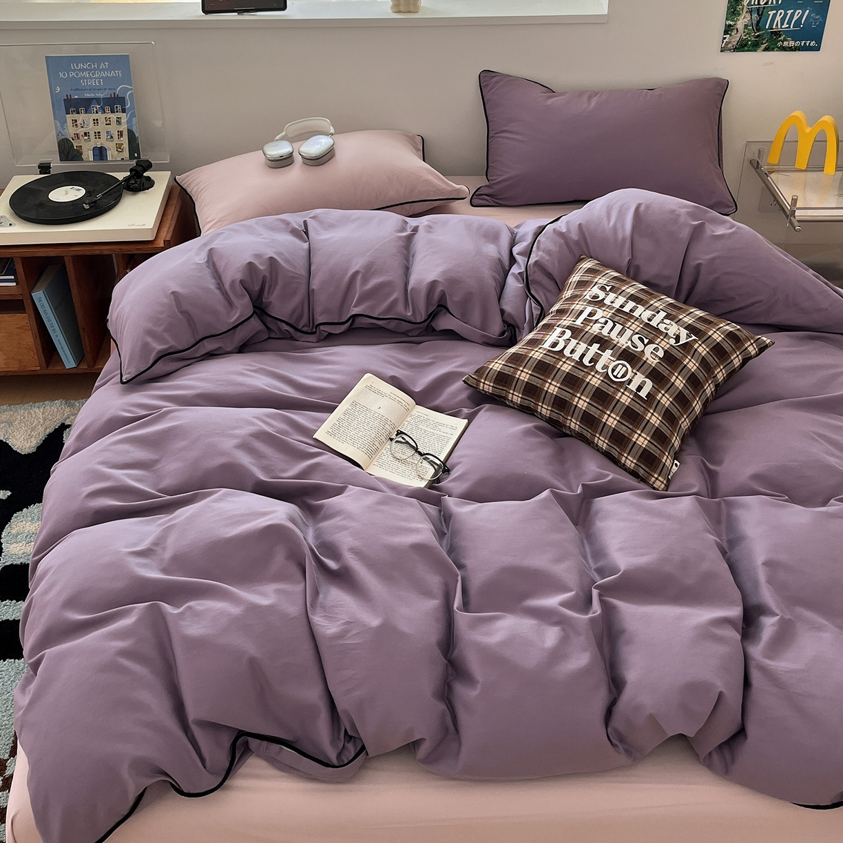 三朵家纺 2025新款50支加厚全棉纯棉磨毛混搭四件套-美拉德系列 风信紫
