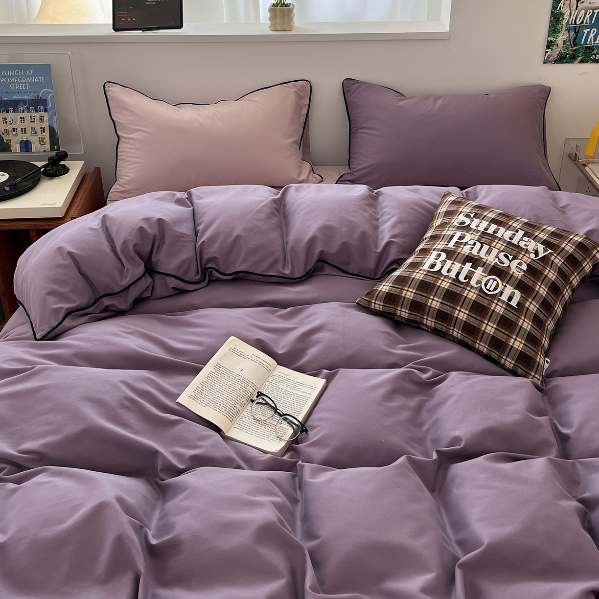 91家纺网 家纺一手货源 找家纺 三朵家纺 2025新款50支加厚全棉纯棉磨毛混搭四件套-美拉德系列 风信紫