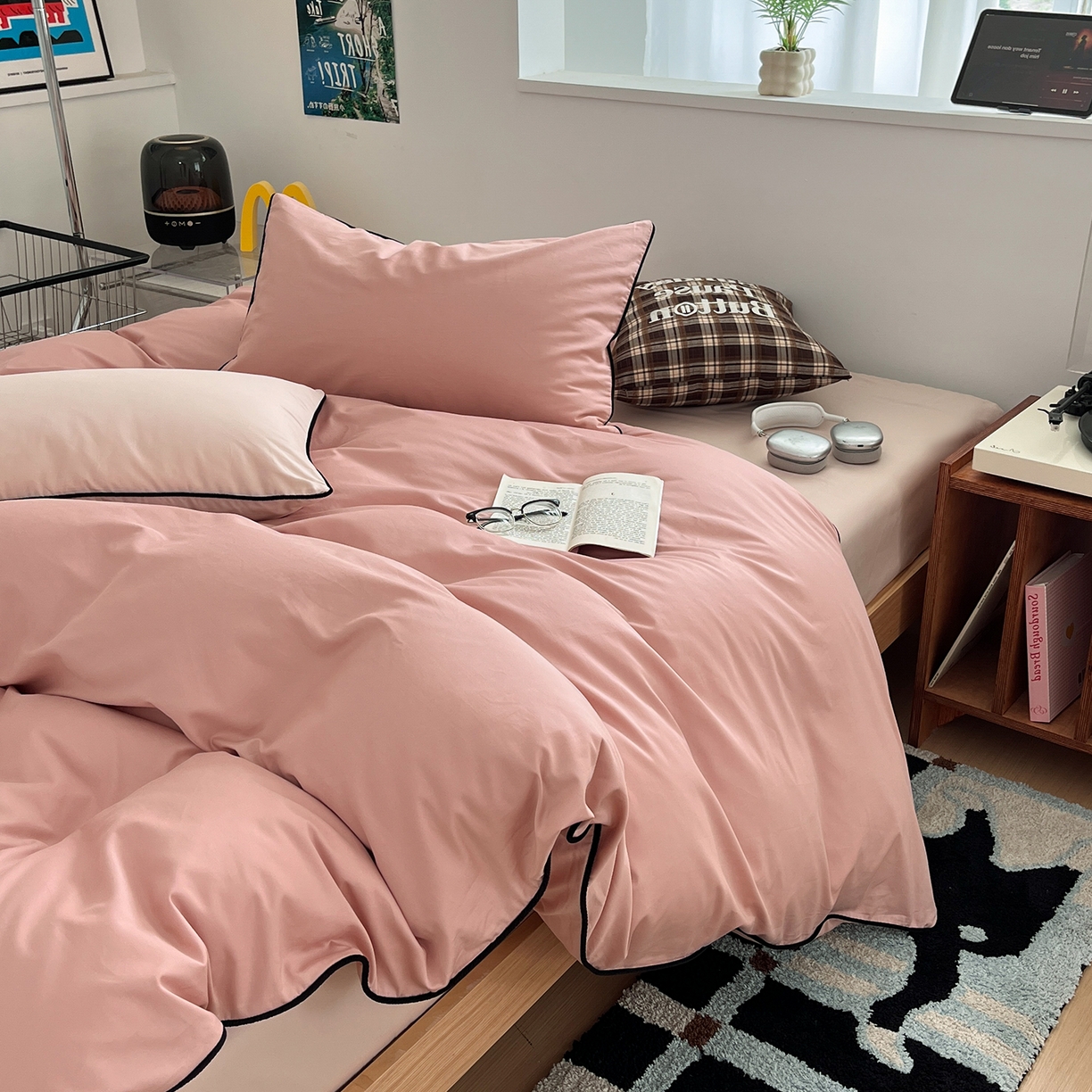 91家纺网 家纺一手货源 找家纺 三朵家纺 2025新款50支加厚全棉纯棉磨毛混搭四件套-美拉德系列 复古粉