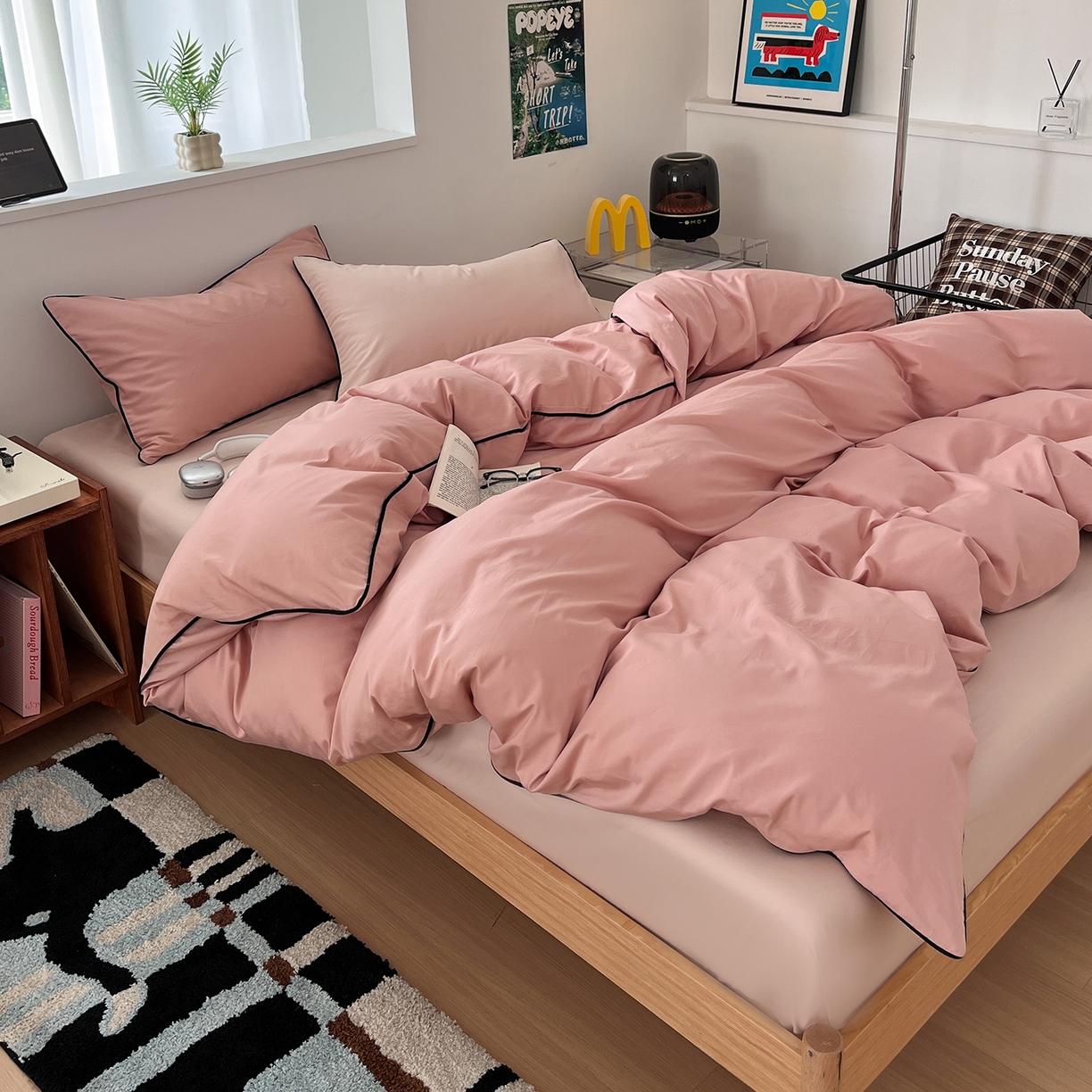 91家纺网 家纺一手货源 找家纺 三朵家纺 2025新款50支加厚全棉纯棉磨毛混搭四件套-美拉德系列 复古粉