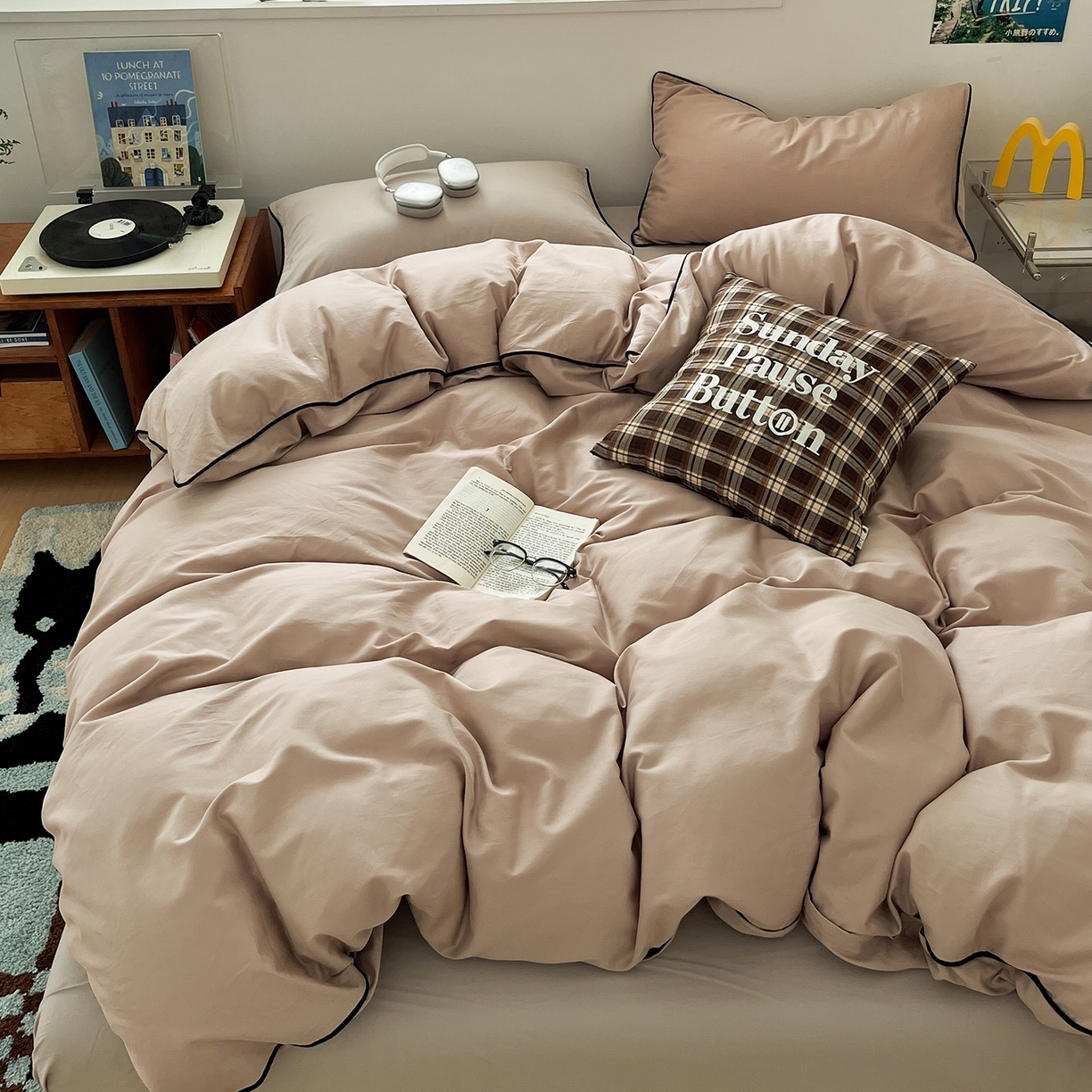 三朵家纺 2025新款50支加厚全棉纯棉磨毛混搭四件套-美拉德系列 灰雅粉