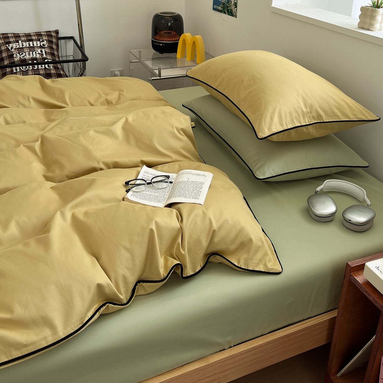 91家纺网 家纺一手货源 找家纺 三朵家纺 2025新款50支加厚全棉纯棉磨毛混搭四件套-美拉德系列 芥末黄