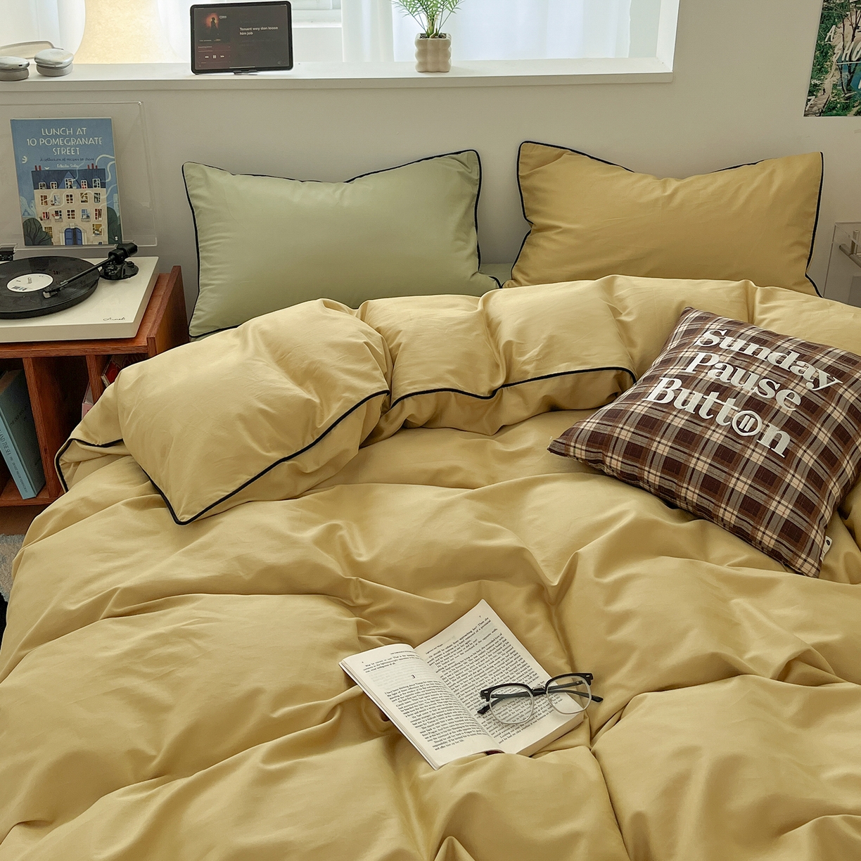 91家纺网 家纺一手货源 找家纺 三朵家纺 2025新款50支加厚全棉纯棉磨毛混搭四件套-美拉德系列 芥末黄