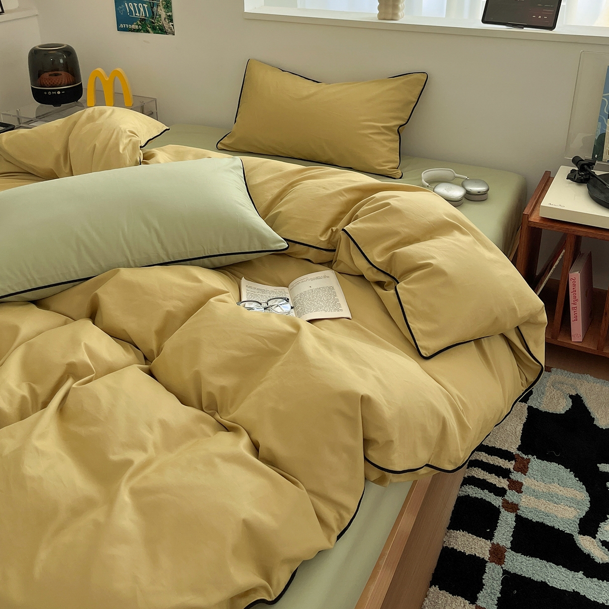 91家纺网 家纺一手货源 找家纺 三朵家纺 2025新款50支加厚全棉纯棉磨毛混搭四件套-美拉德系列 芥末黄