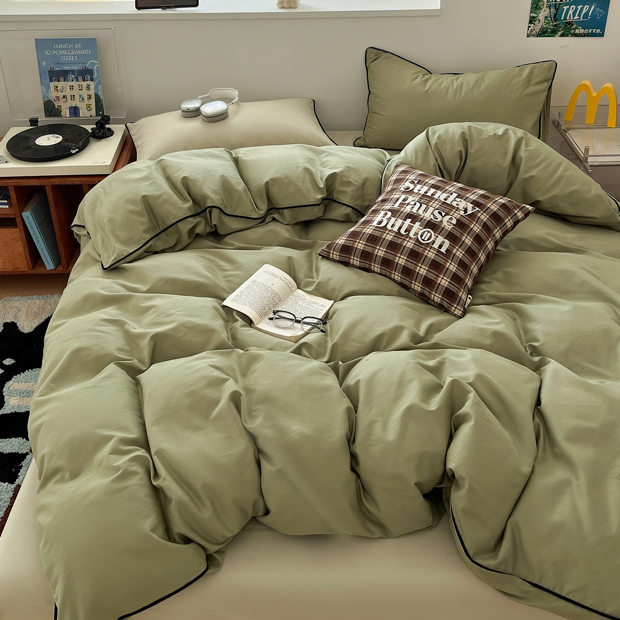 三朵家纺 2025新款50支加厚全棉纯棉磨毛混搭四件套-美拉德系列 绿萝色