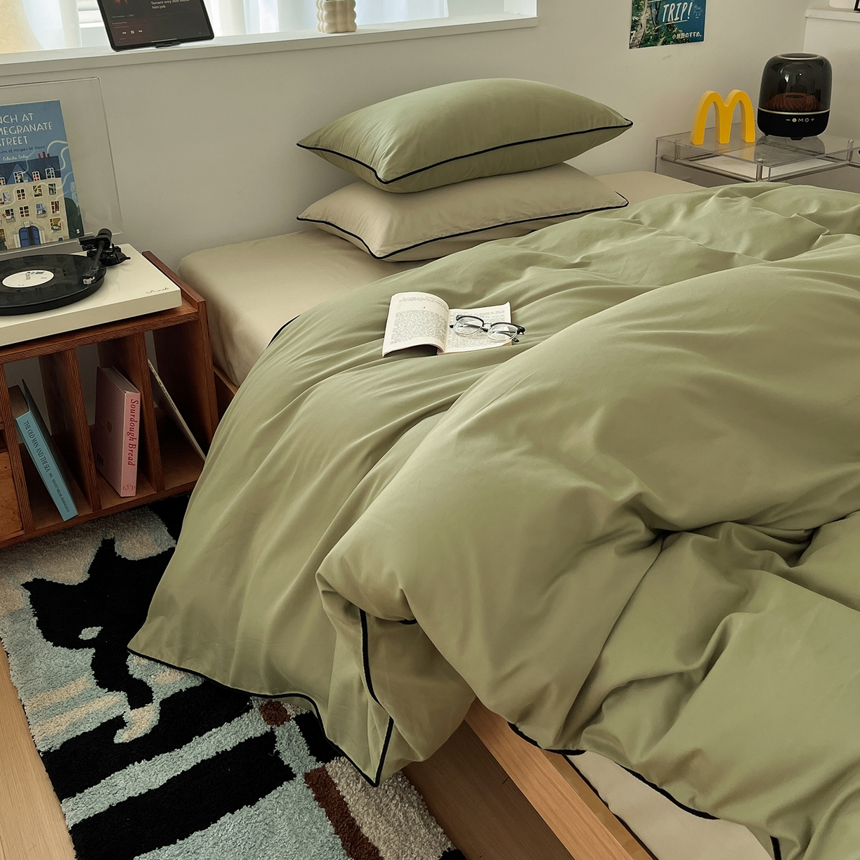 91家纺网 家纺一手货源 找家纺 三朵家纺 2025新款50支加厚全棉纯棉磨毛混搭四件套-美拉德系列 绿萝色