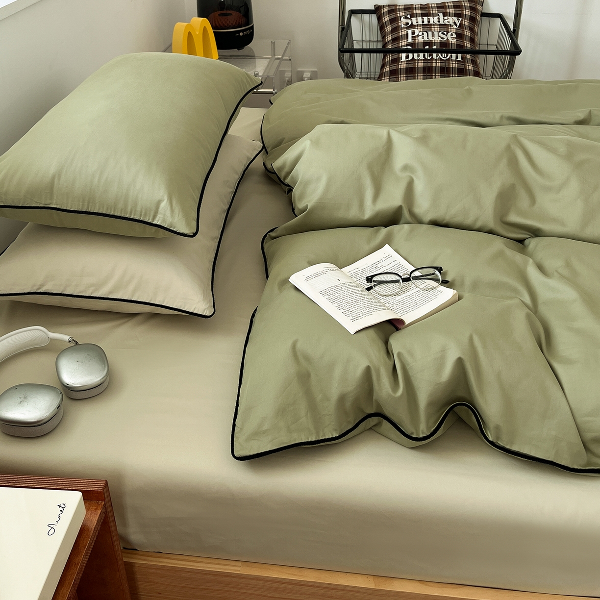 91家纺网 家纺一手货源 找家纺 三朵家纺 2025新款50支加厚全棉纯棉磨毛混搭四件套-美拉德系列 绿萝色