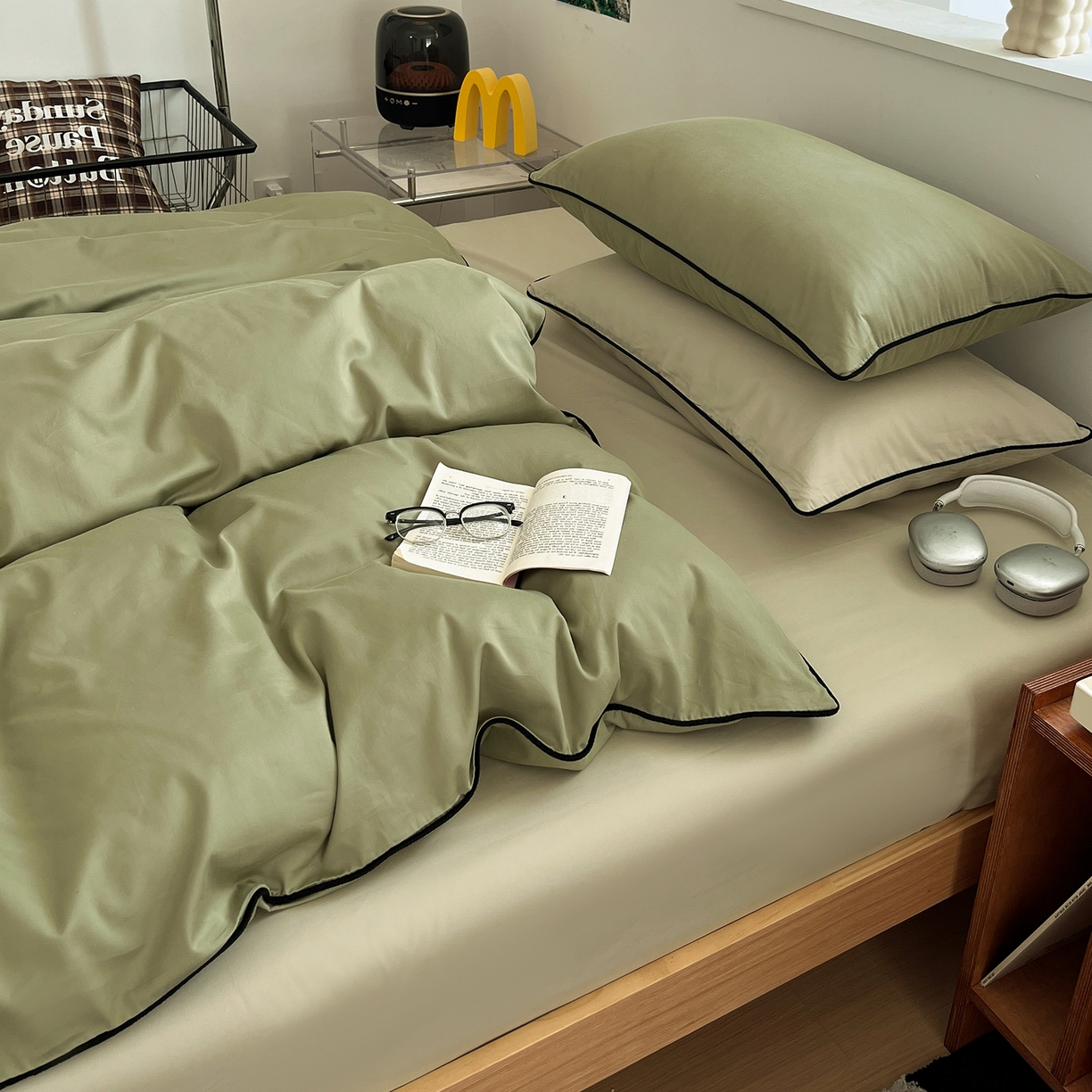 91家纺网 家纺一手货源 找家纺 三朵家纺 2025新款50支加厚全棉纯棉磨毛混搭四件套-美拉德系列 绿萝色