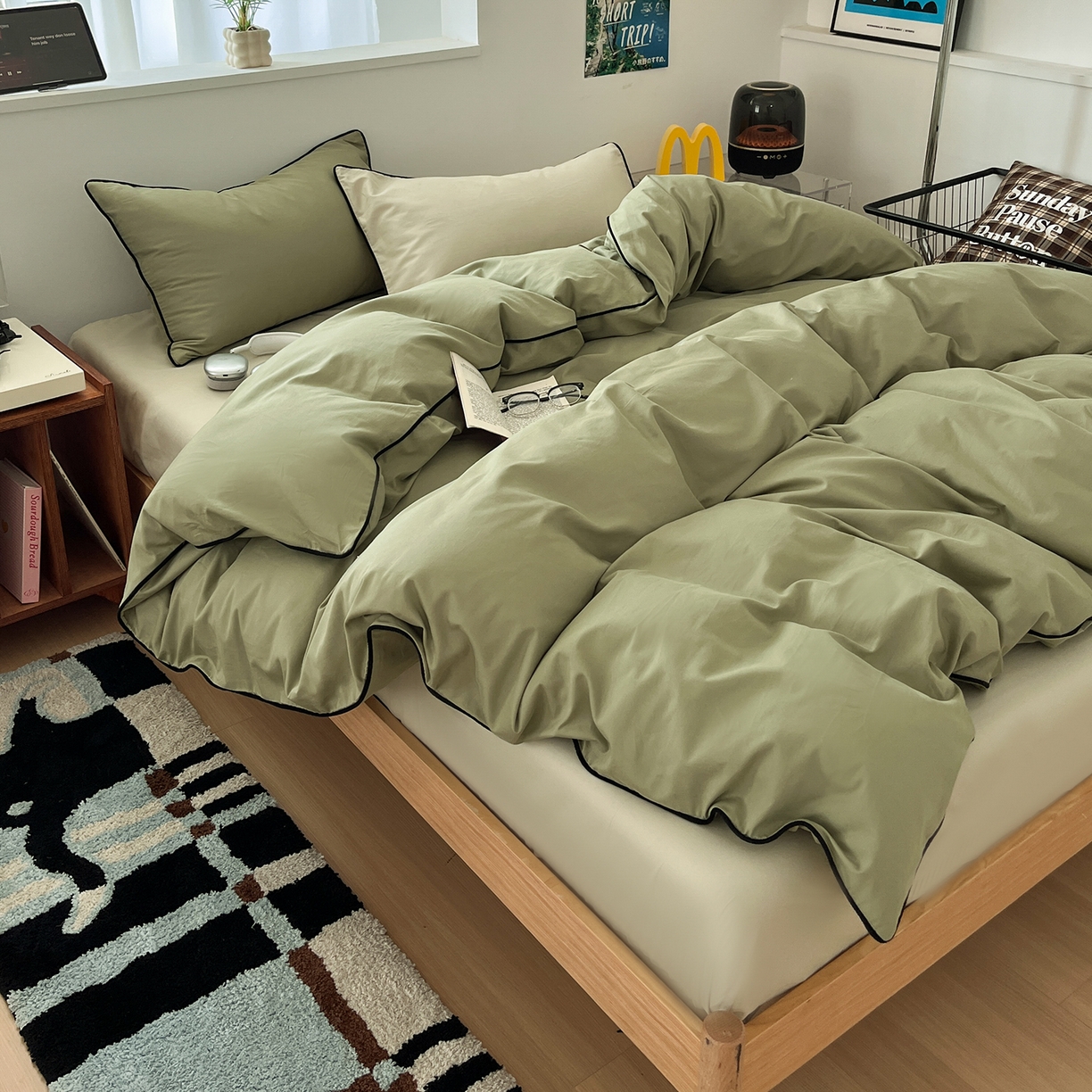 91家纺网 家纺一手货源 找家纺 三朵家纺 2025新款50支加厚全棉纯棉磨毛混搭四件套-美拉德系列 绿萝色