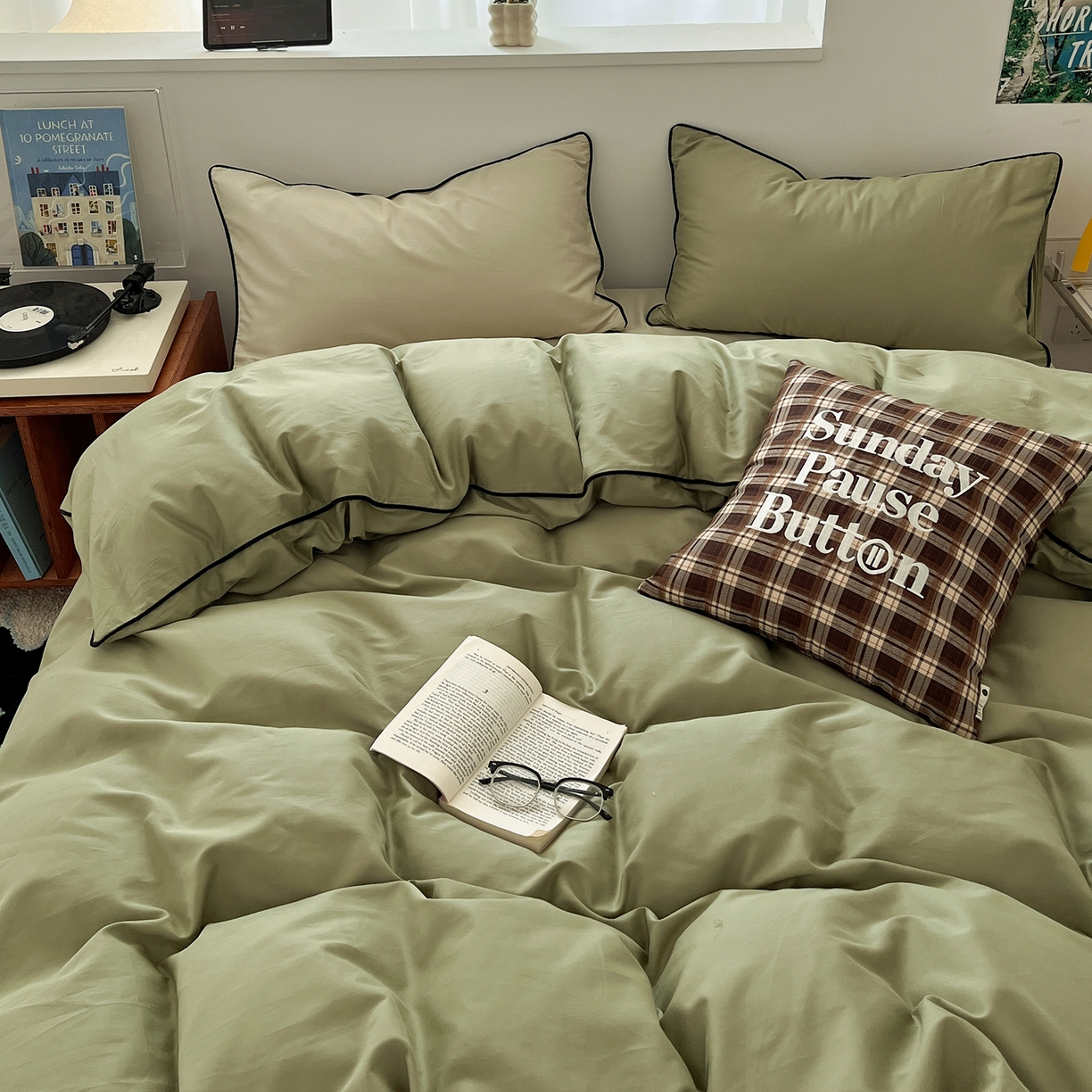 91家纺网 家纺一手货源 找家纺 三朵家纺 2025新款50支加厚全棉纯棉磨毛混搭四件套-美拉德系列 绿萝色