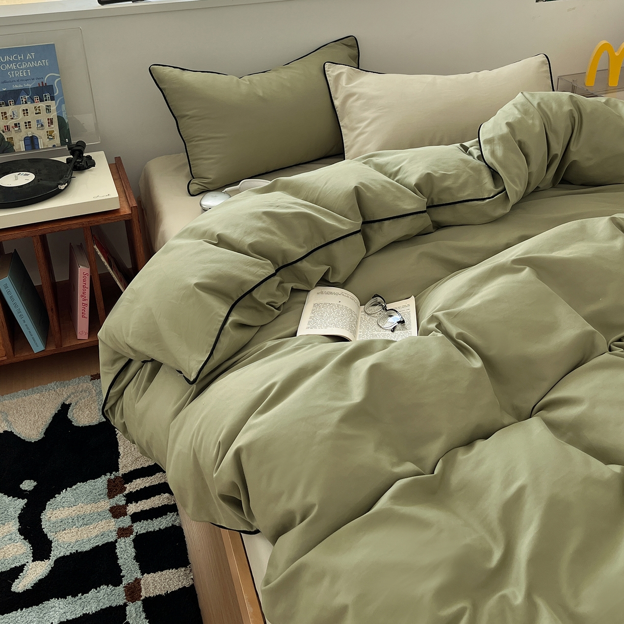 91家纺网 家纺一手货源 找家纺 三朵家纺 2025新款50支加厚全棉纯棉磨毛混搭四件套-美拉德系列 绿萝色