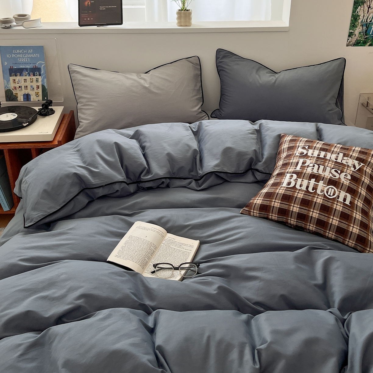 91家纺网 家纺一手货源 找家纺 三朵家纺 2025新款50支加厚全棉纯棉磨毛混搭四件套-美拉德系列 青石灰