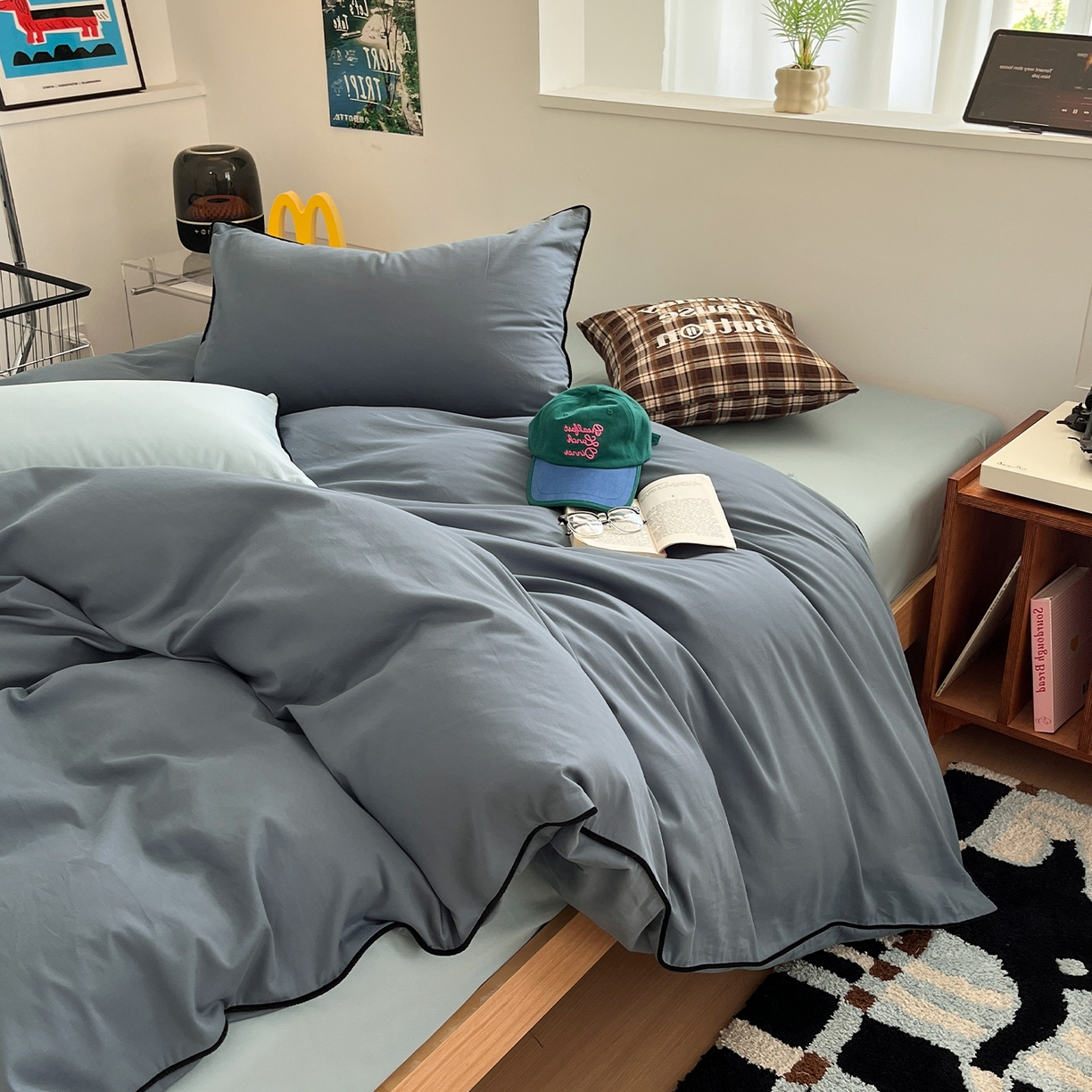 91家纺网 家纺一手货源 找家纺 三朵家纺 2025新款50支加厚全棉纯棉磨毛混搭四件套-美拉德系列 秋波蓝