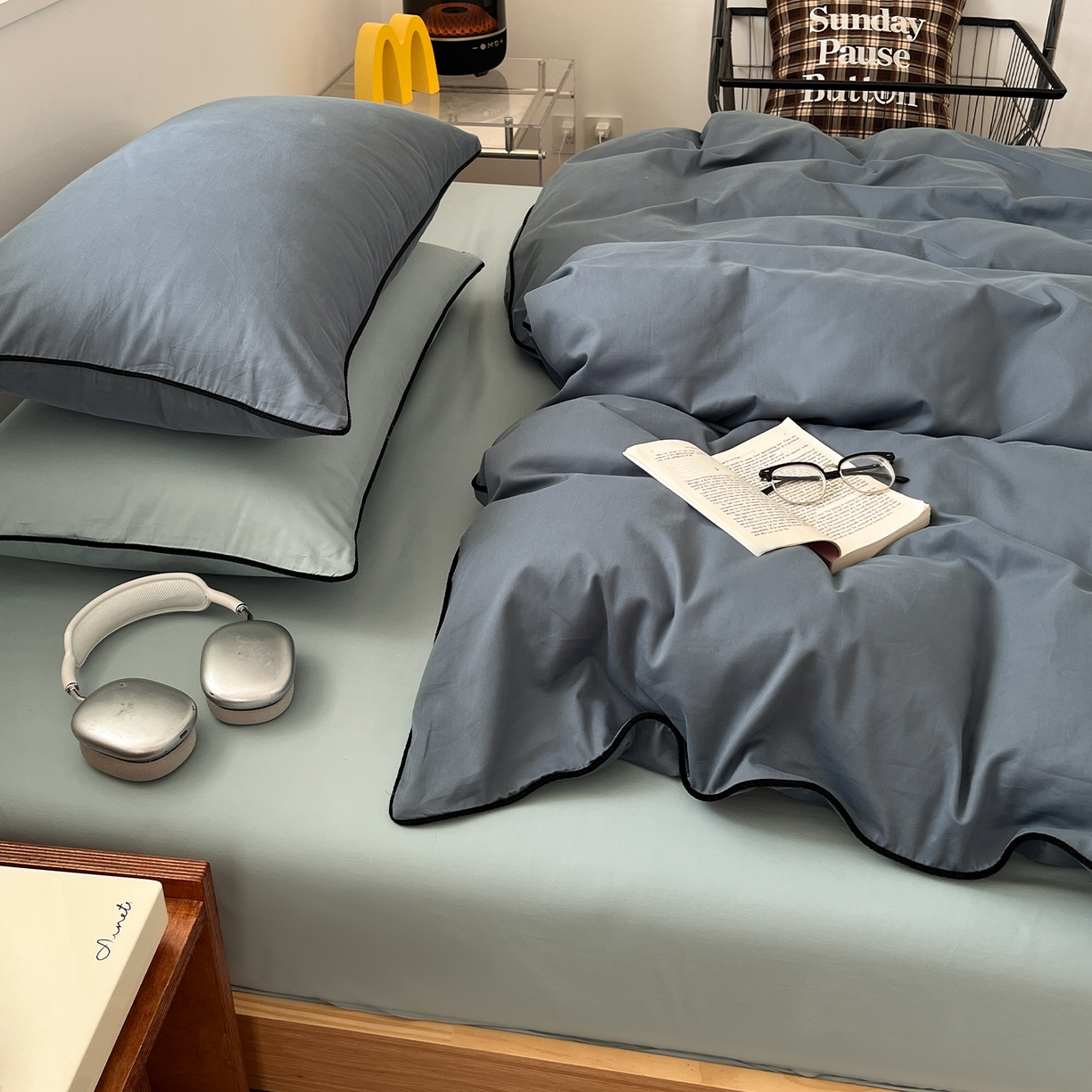 91家纺网 家纺一手货源 找家纺 三朵家纺 2025新款50支加厚全棉纯棉磨毛混搭四件套-美拉德系列 秋波蓝