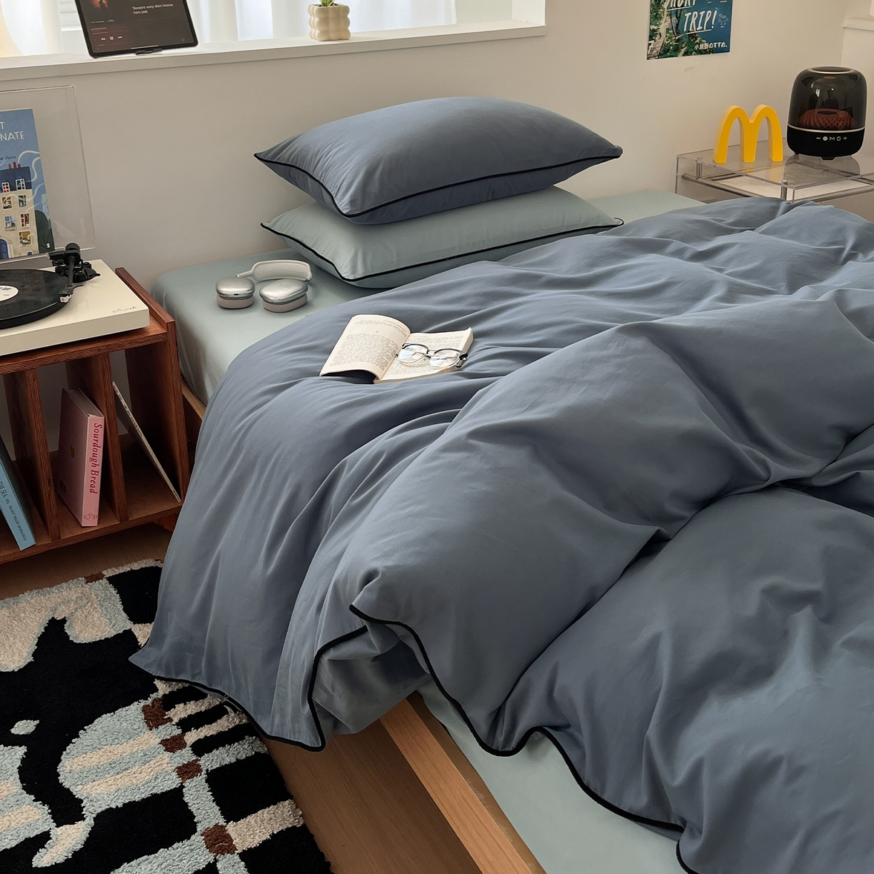 91家纺网 家纺一手货源 找家纺 三朵家纺 2025新款50支加厚全棉纯棉磨毛混搭四件套-美拉德系列 秋波蓝