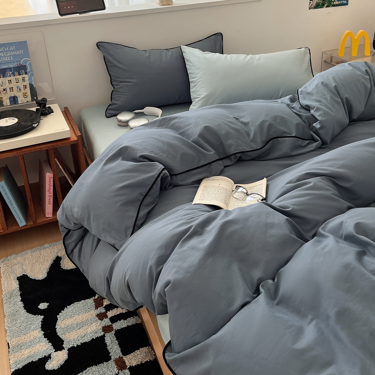 91家纺网 家纺一手货源 找家纺 三朵家纺 2025新款50支加厚全棉纯棉磨毛混搭四件套-美拉德系列 秋波蓝