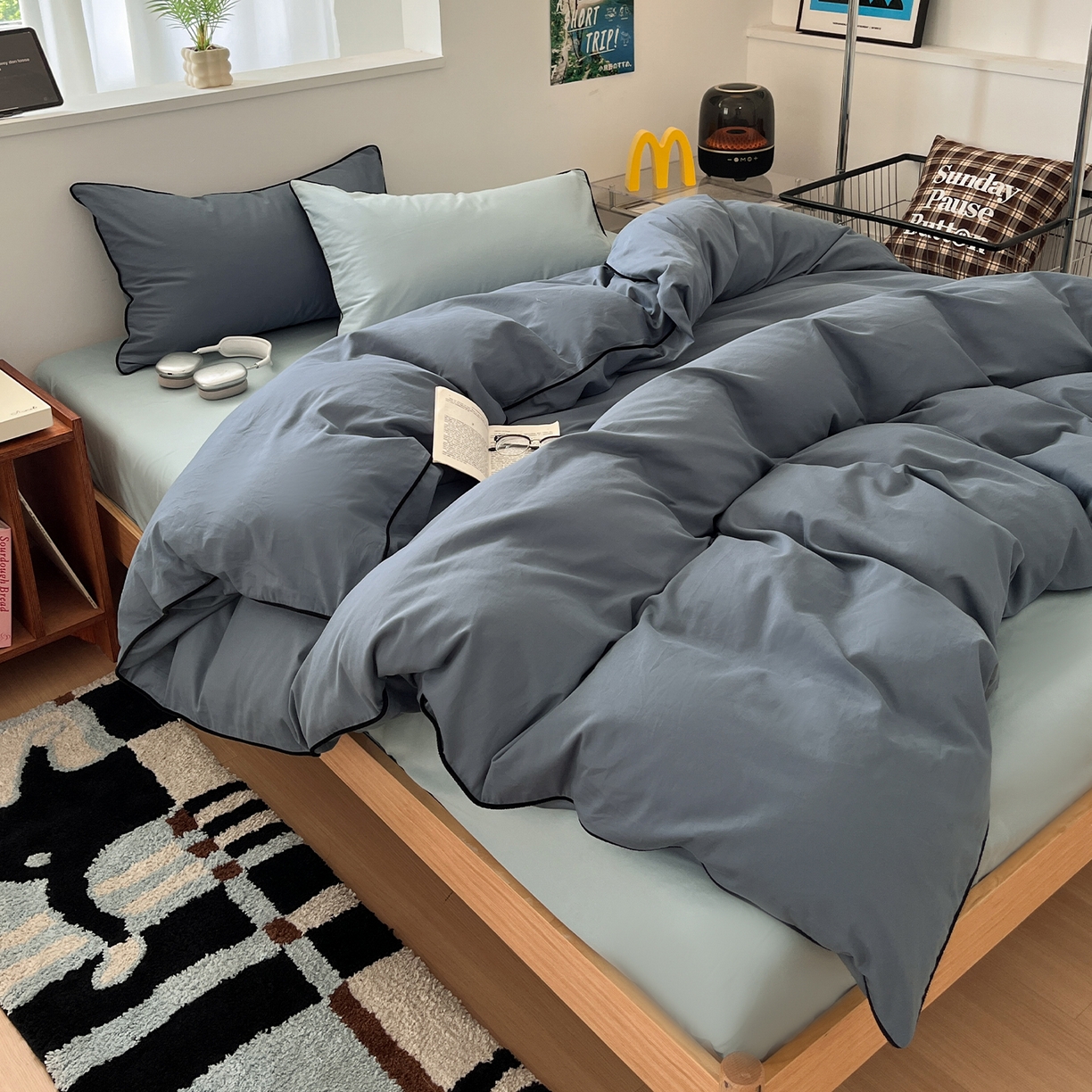 91家纺网 家纺一手货源 找家纺 三朵家纺 2025新款50支加厚全棉纯棉磨毛混搭四件套-美拉德系列 秋波蓝