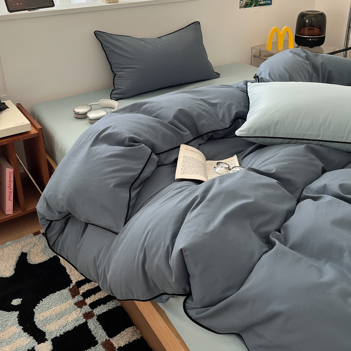 91家纺网 家纺一手货源 找家纺 三朵家纺 2025新款50支加厚全棉纯棉磨毛混搭四件套-美拉德系列 秋波蓝