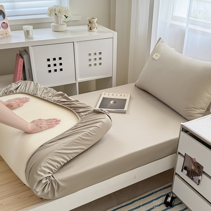 91家纺网 家纺一手货源 找家纺 眠博士 2025新款A类40支13372全棉纯棉纯色学生床三件套 杏色