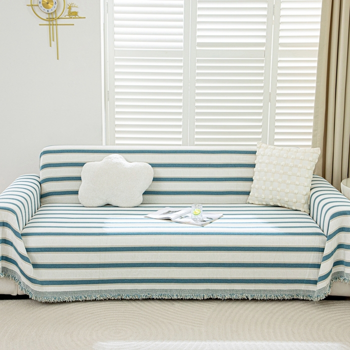 91家纺网 家纺一手货源 找家纺 沐沐家纺 2026新款无印风沙发巾 蓝色条纹