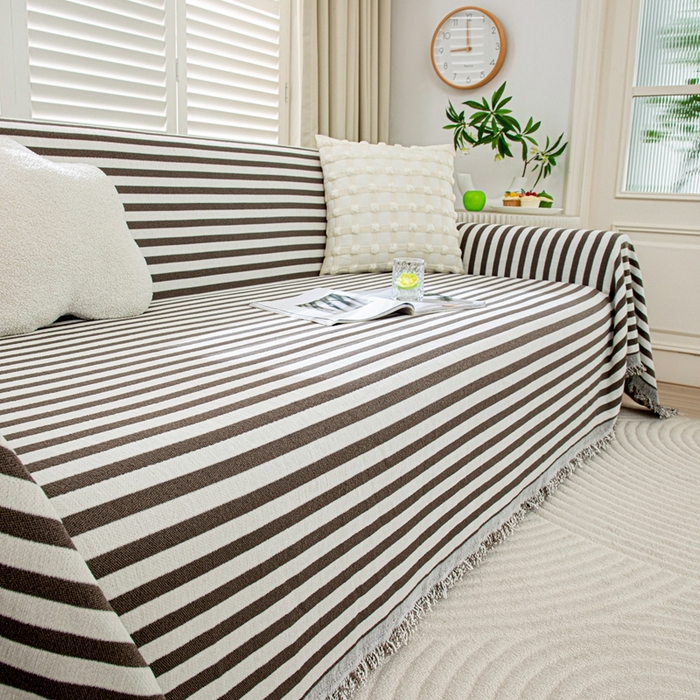 91家纺网 家纺一手货源 找家纺 沐沐家纺 2026新款无印风沙发巾 咖色条纹