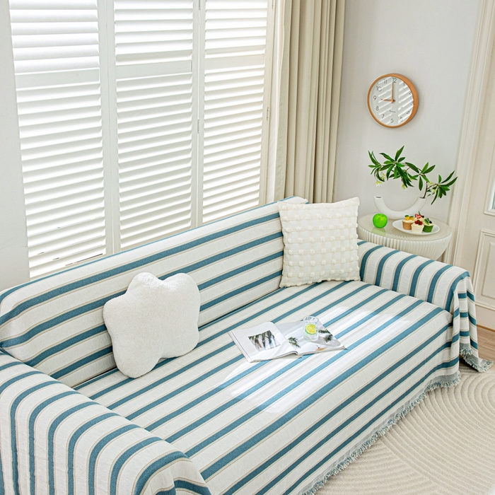 91家纺网 家纺一手货源 找家纺 沐沐家纺 2026新款无印风沙发巾 蓝色条纹