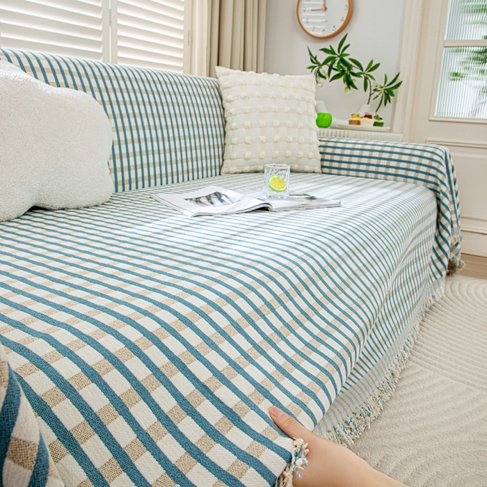 沐沐家纺 2026新款无印风沙发巾 蓝色格纹