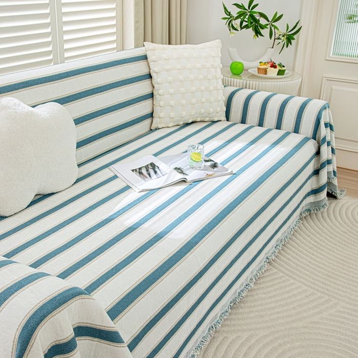 91家纺网 家纺一手货源 找家纺 沐沐家纺 2026新款无印风沙发巾 蓝色条纹