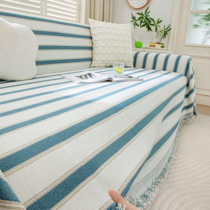 沐沐家纺 2026新款无印风沙发巾 蓝色条纹