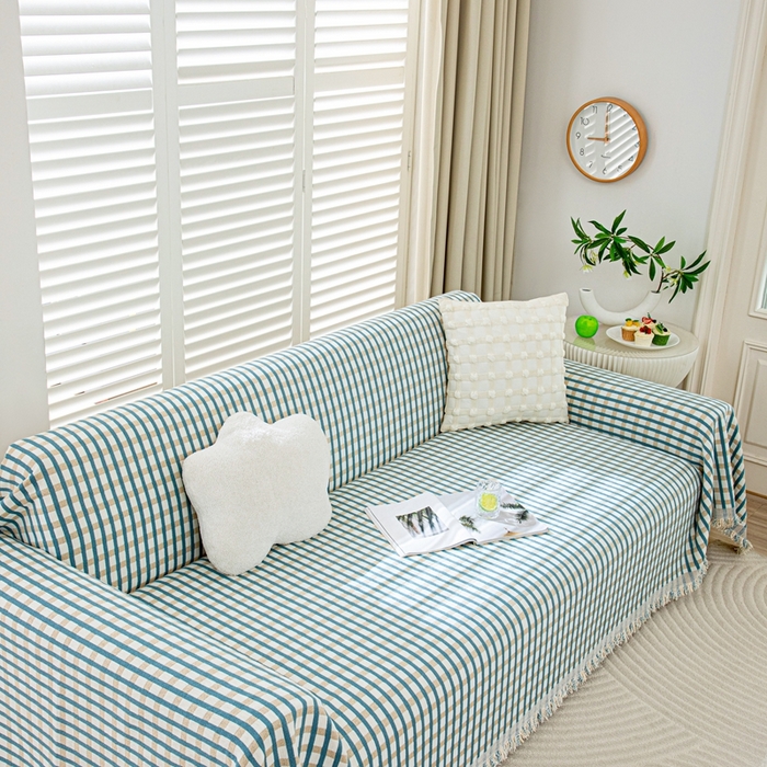 91家纺网 家纺一手货源 找家纺 沐沐家纺 2026新款无印风沙发巾 蓝色格纹