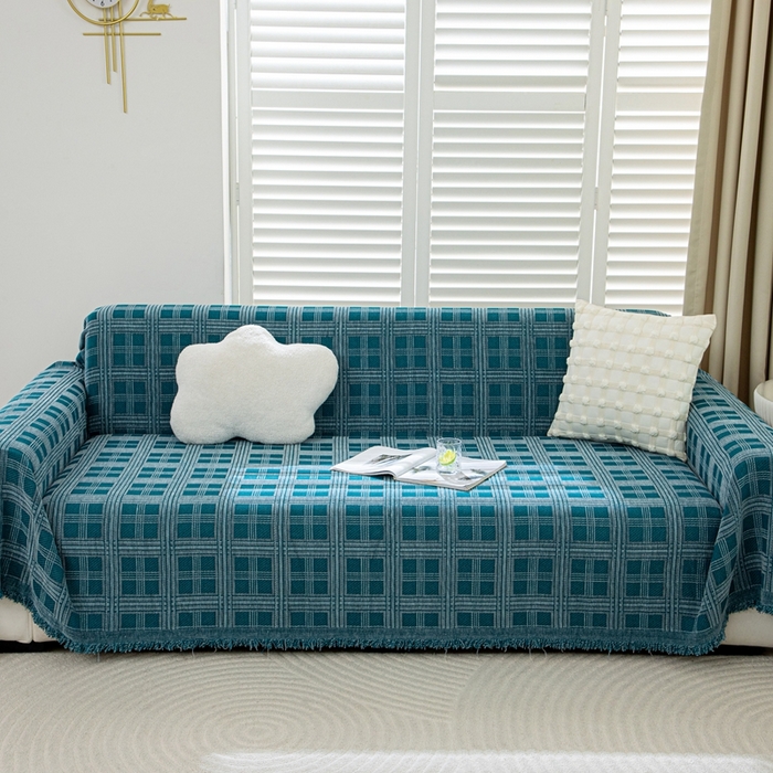 91家纺网 家纺一手货源 找家纺 沐沐家纺 2026新款无印风沙发巾 深蓝格纹