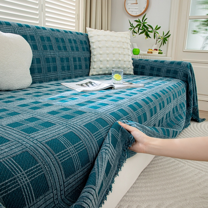 91家纺网 家纺一手货源 找家纺 沐沐家纺 2026新款无印风沙发巾 深蓝格纹