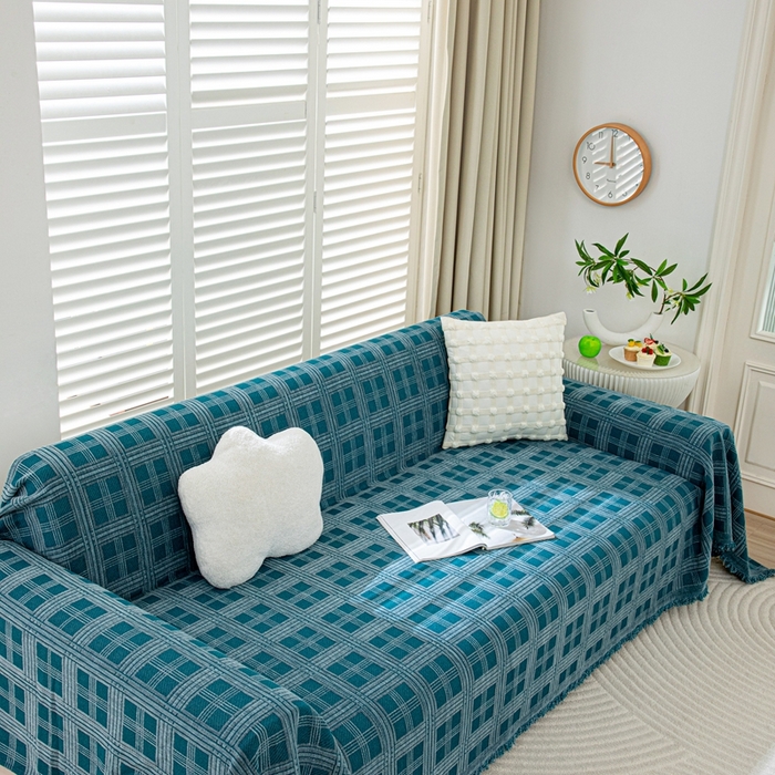 91家纺网 家纺一手货源 找家纺 沐沐家纺 2026新款无印风沙发巾 深蓝格纹